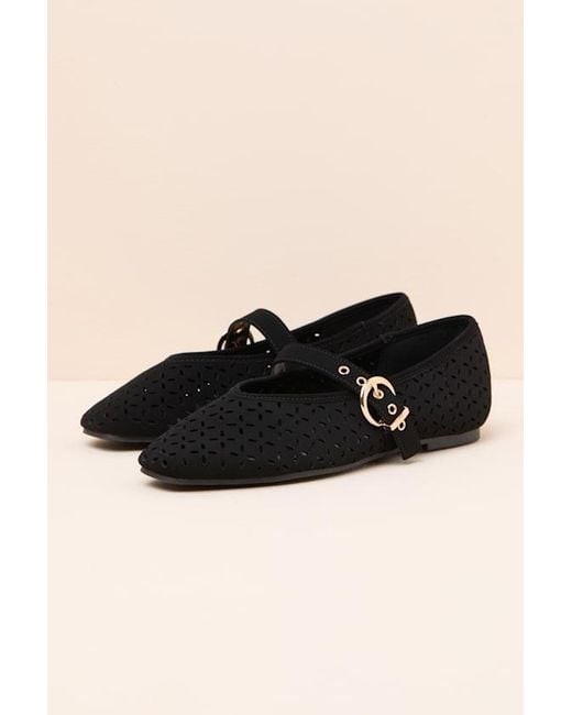 Lulus Black Nanette Eyelet Buckle Ballet Flats