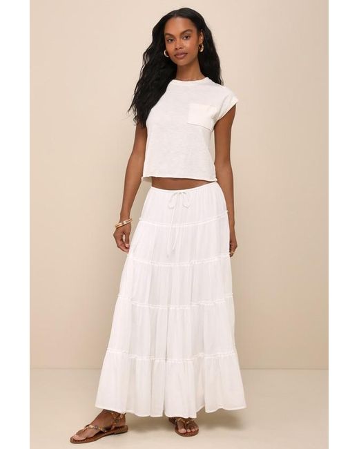 Lulus White Relaxed Charm Gauzy Tiered Drawstring Maxi Skirt