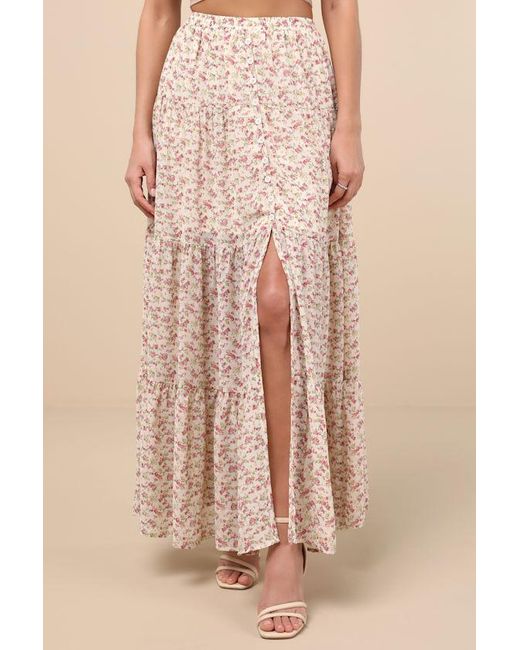Lulus Natural Subtle Sweetness Cream Floral Print Tiered Maxi Skirt