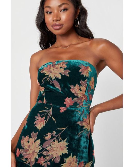 Lulus Blue Real Allure Emerald Floral Burnout Velvet Strapless Maxi Dress
