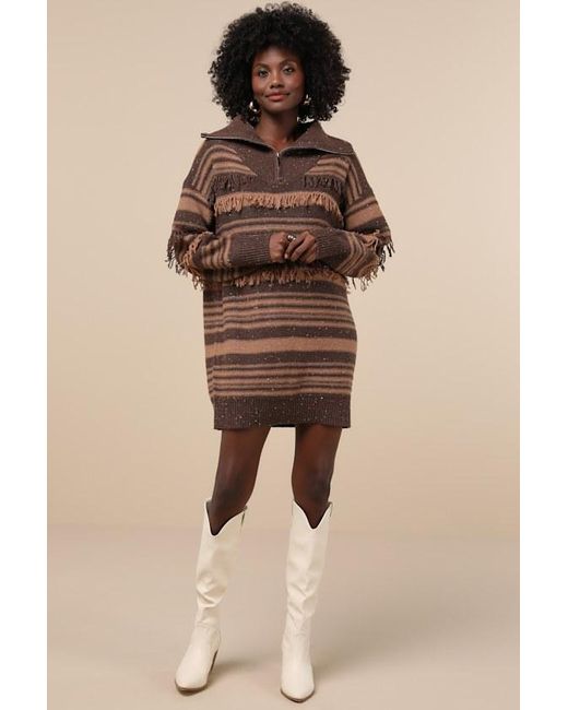 Lulus Natural Ultimate Coziness Striped Quarter-Zip Sweater Mini Dress