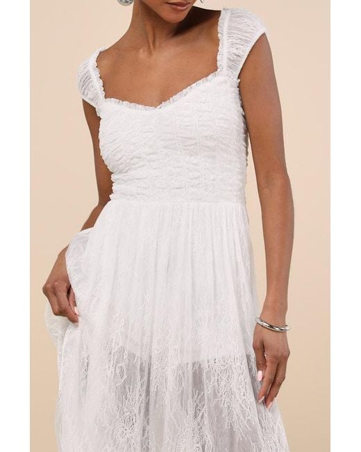 Lulus Natural Enisa Sheer Lace Cap Sleeve Midi Dress