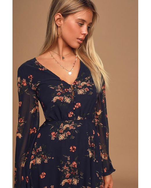 Lulus Blue Always Yours Floral Print Long Sleeve Skater Dress
