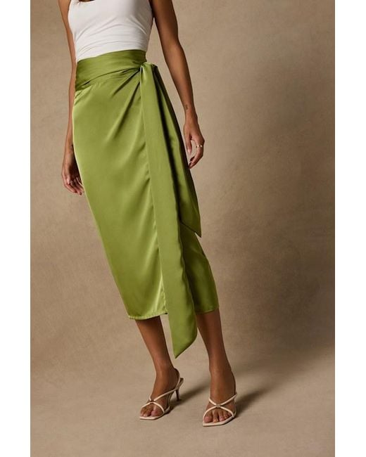 Lulus Green Take A Walk With Me Satin Wrap Midi Skirt