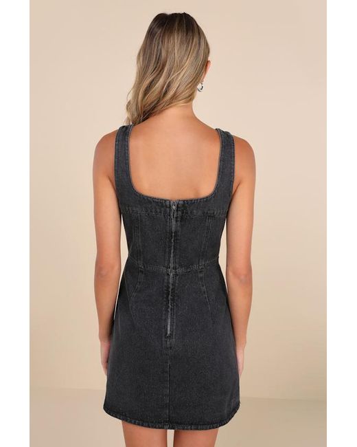 Lulus Black So Delighted Washed Denim Corset Seam Mini Dress