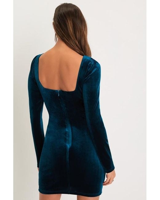 Lulus Blue Fabulous Mood Dark Velvet Long Sleeve Bodycon Mini Dress