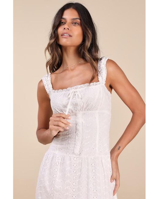Lulus Natural Nerissa Eyelet Embroidered Ruffled Drop Waist Midi Dress