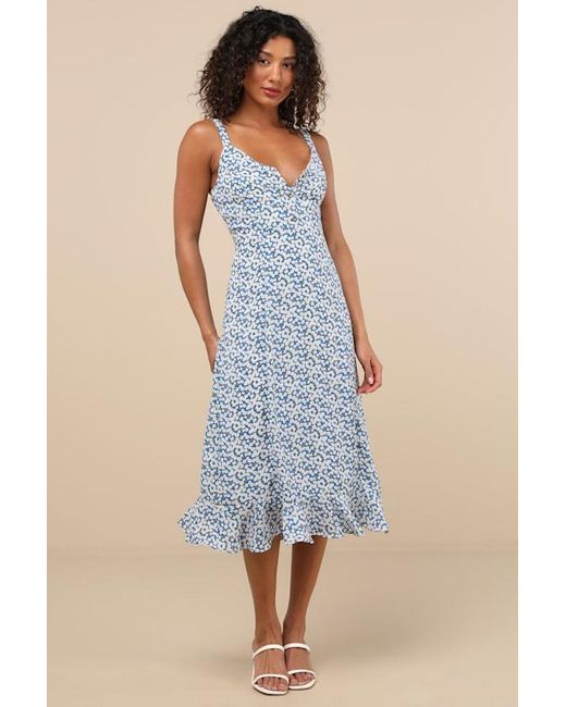 Lulus Blue Darling Daisies Floral Print Midi Dress