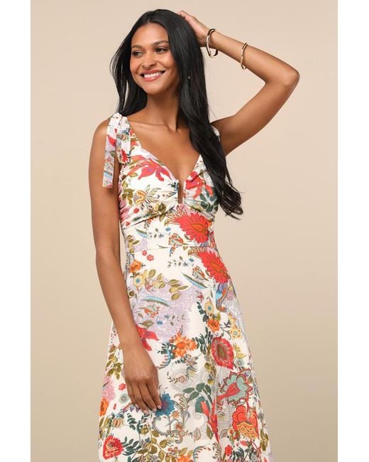Lulus Natural Simply Blissful Multi Floral Tie-Strap A-Line Midi Dress
