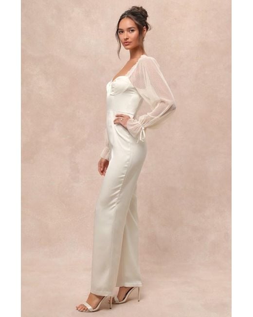 Lulus Natural Gracefully Modern Satin Mesh Long Sleeve Bustier Jumpsuit