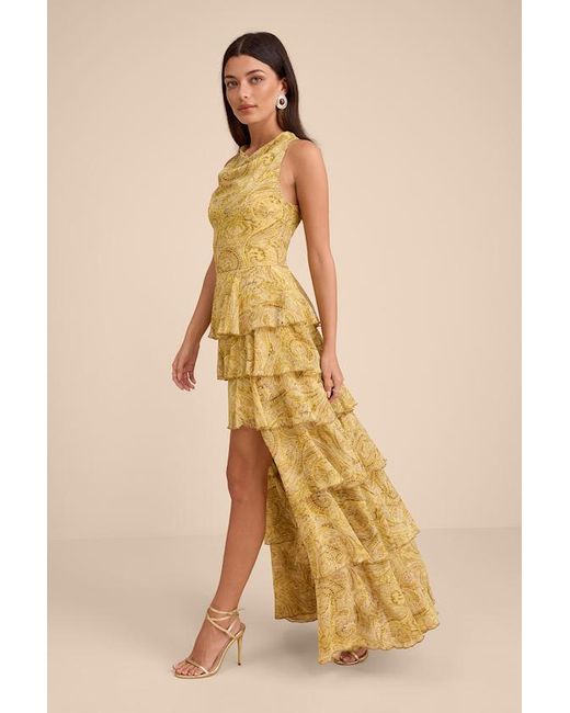 Lulus Natural Cayson Paisley Tiered High-Low Maxi Dress
