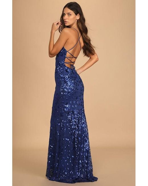 Lulus Blue Photo Finish Sequin Lace-Up Maxi Dress