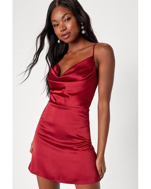 Lulus Red Luxe Reputation Satin Sleeveless Cowl Neck Mini Dress