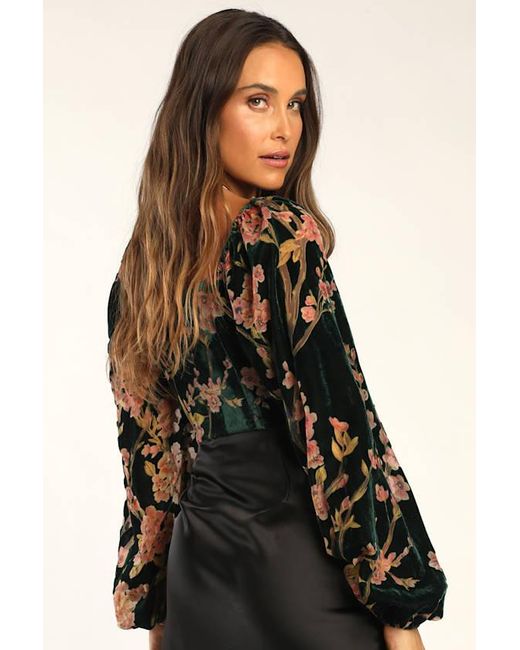 Lulus Black Luxe Romance Emerald Velvet Floral Burnout Long Sleeve Bodysuit