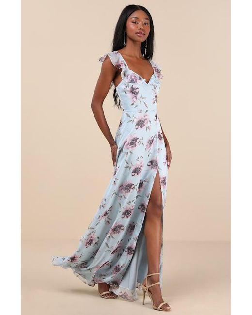 Lulus Blue Sweetest Entrance Floral Ruffled Tie-Back Maxi Dress
