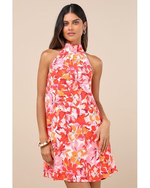 Lulus Red Tied Back To You Floral Print Mini Shift Dress