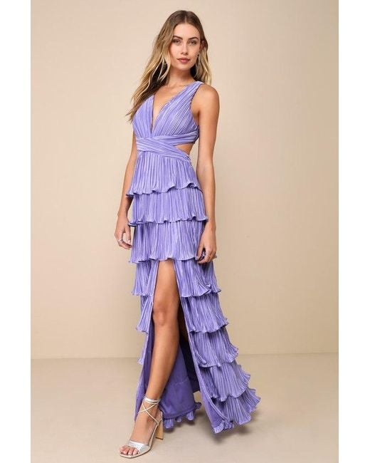 Lulus Beauty Icon Satin Pleated Tiered Lace-Up Maxi Dress in Blue | Lyst