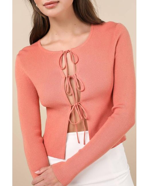 Lulus Pink Cuddly Attitude Terracotta Tie-Front Cardigan Sweater