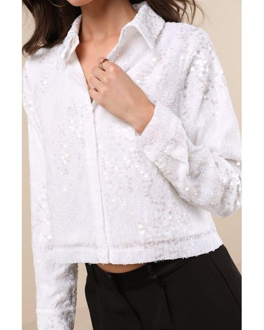 Lulus White Glowing Sophistication Sequin Button-Up Top