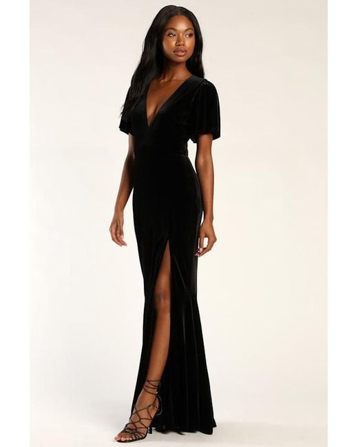 Lulus Black Elegant Evenings Velvet Flutter Sleeve Trumpet Maxi Dress