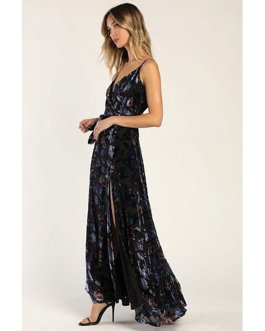 Lulus Blue Pretty Companion Floral Velvet Burnout Maxi Dress