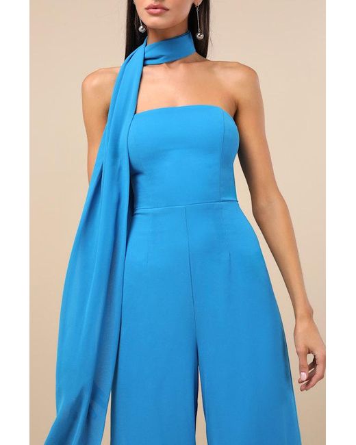 Lulus Blue Kavina Bright Wide-Leg Jumpsuit And Scarf Set