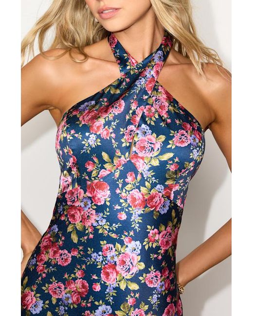 Lulus Blue Mayar Floral Satin Cross-Front Halter Mini Dress