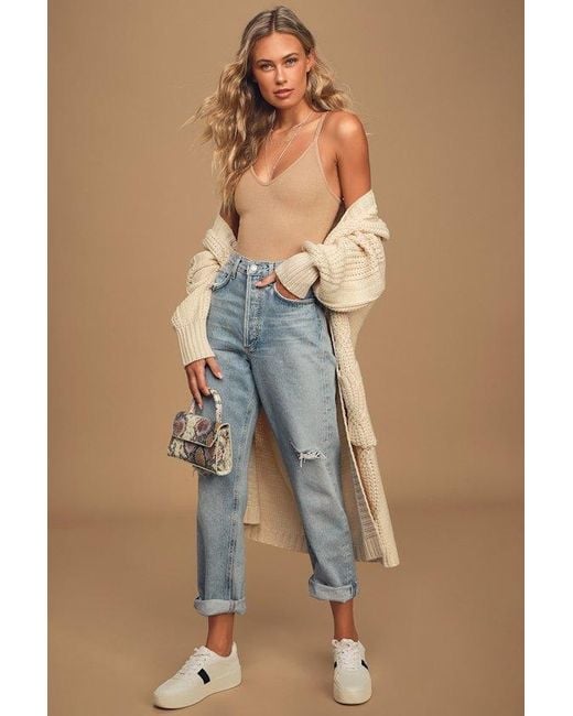 Lulus Basics Blue Talula Ribbed V-Neck Cami Bodysuit