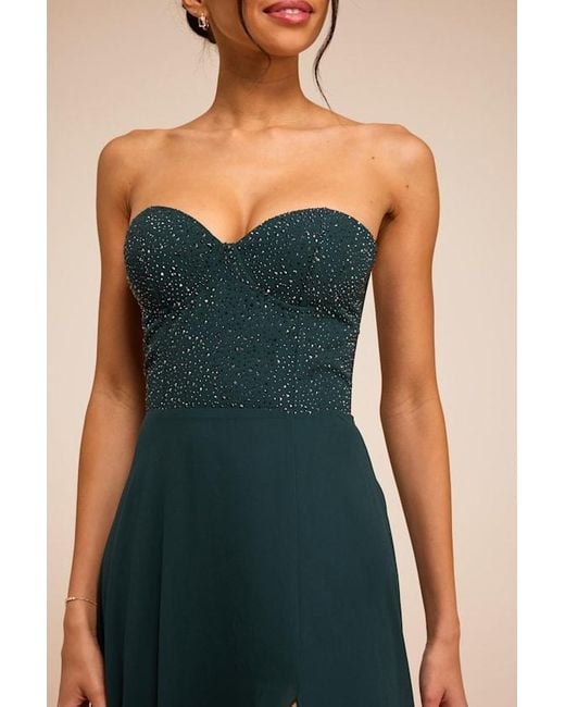 Lulus Blue Remember This Moment Emerald Rhinestone Strapless Maxi Dress