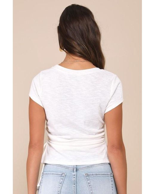 Lulus White Sweet Forever Burnout Ruched Short Sleeve Tee
