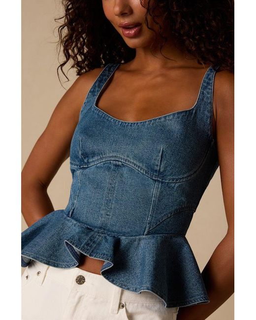Lulus Blue Darby Medium Wash Denim Peplum Top