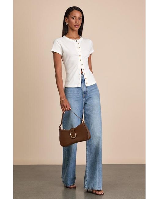 Lulus Blue Annalena Ribbed Button-Front Short Sleeve Top