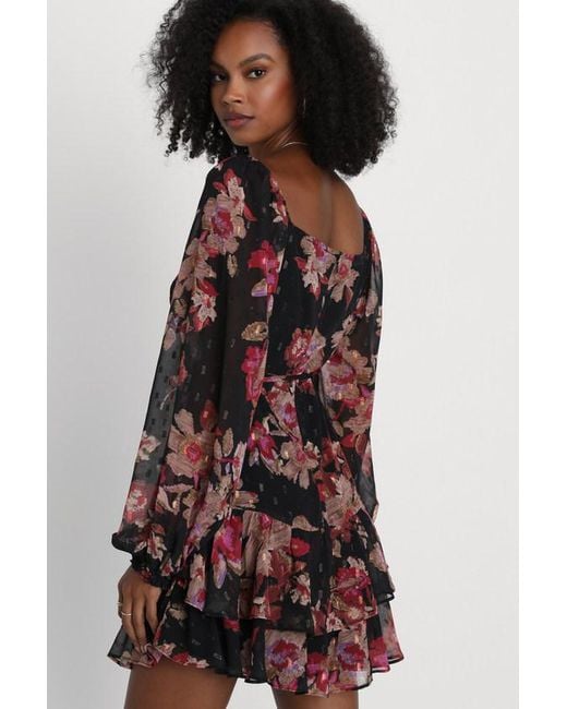 Lulus Black Dramatically Dreamy Floral Chiffon Tiered Lurex Mini Dress