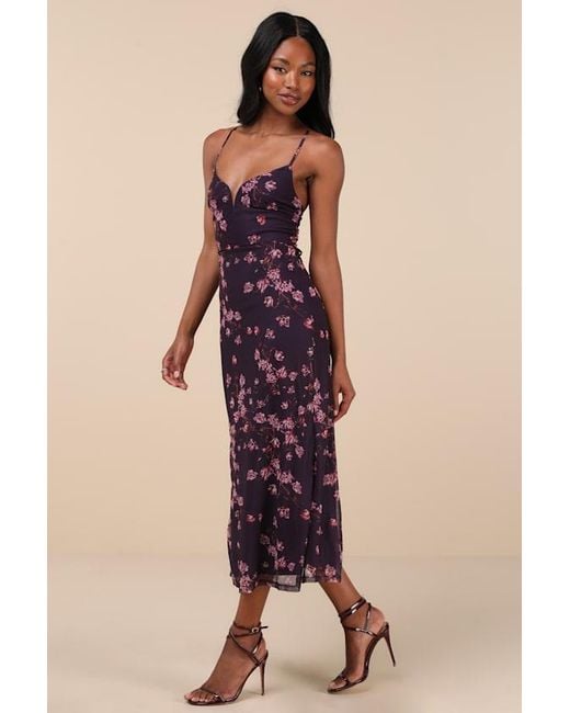 Lulus Natural Total Crush Floral Print Mesh Lace-Up Midi Dress