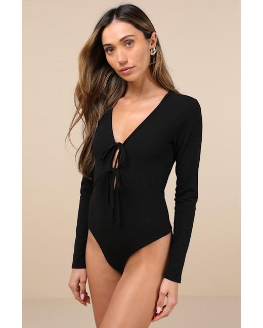 Lulus Black Lovely Ties Ribbed Knit Tie-Front Long Sleeve Bodysuit