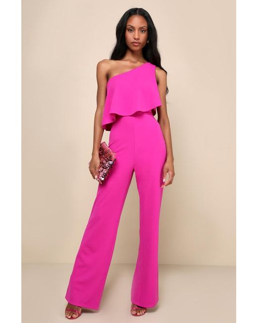 Lulus Pink Flawless Vibes One-Shoulder Tiered Wide-Leg Jumpsuit
