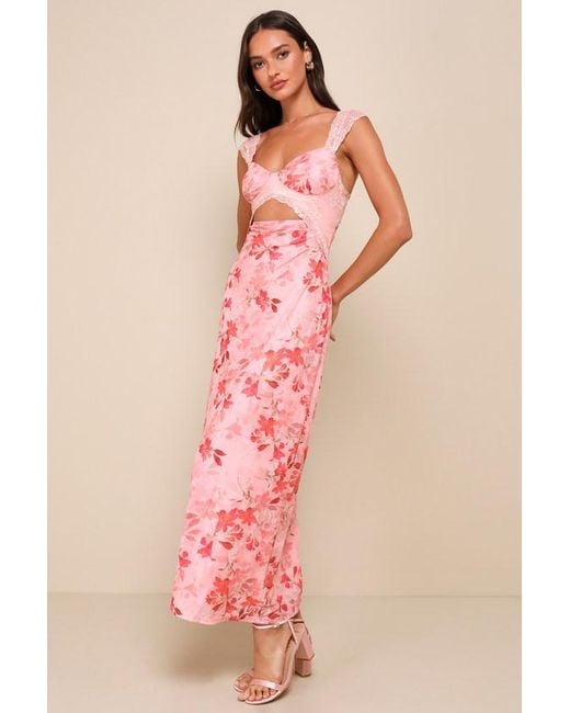 Lulus Pink Endlessly Cute Floral Mesh Cutout Lace Bustier Maxi Dress