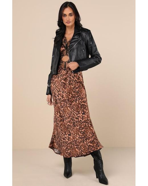 4th & Reckless Brown Kelsey Leopard Print Satin Lace Cutout Midi Dress