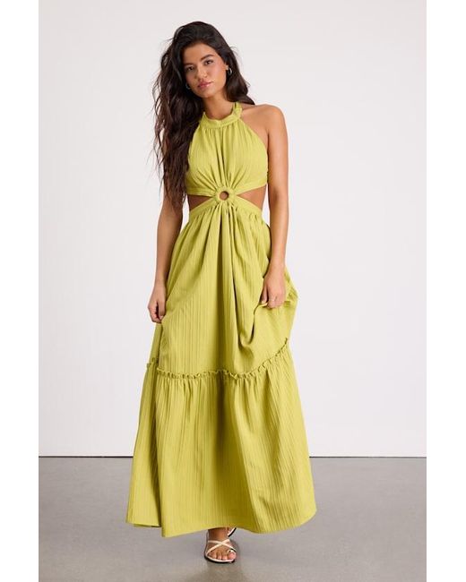 Lulus Yellow Island Vacay Chartreuse Tie-Back Maxi Dress