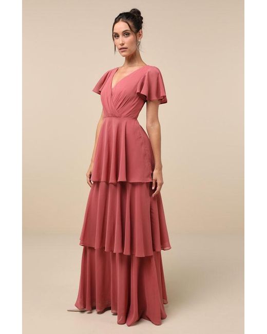 Lulus Sincerely Exquisite Rusty Rose Short Sleeve Tiered Maxi Dress