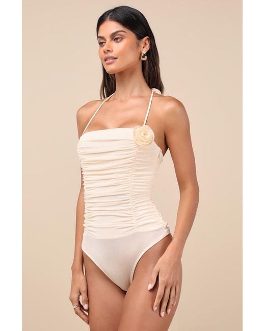 Lulus Natural Elyas Cream Mesh Ruched Rosette Backless Bodysuit