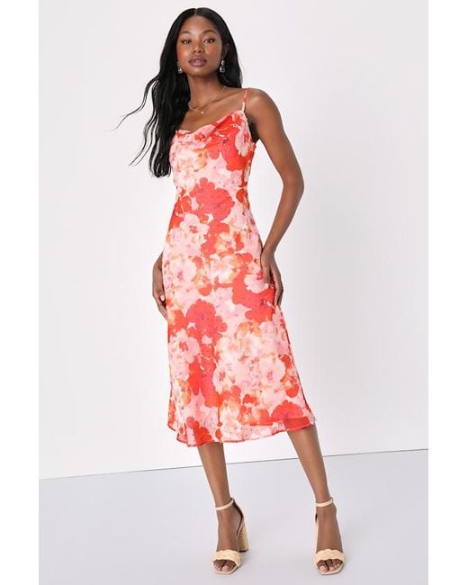 Lulus Red Fabulous Destiny Floral Swiss Dot Cowl Neck Midi Dress