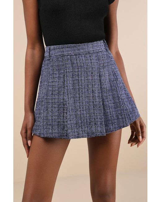 Lulus Blue Adored Pose Tweed Lurex Pleated High-Rise Skort