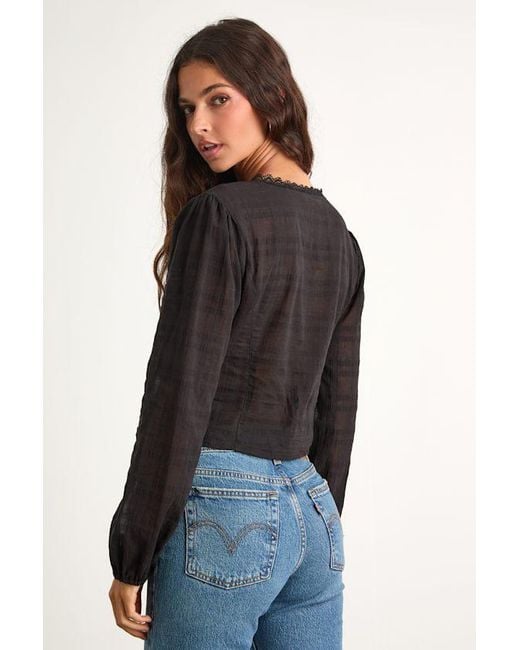 Lulus Black Keyra Button-Front Balloon Sleeve Crop Top