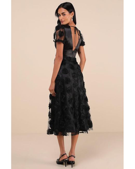 Lulus Black Gorgeous Elevation Lace Rosette Puff Sleeve Midi Dress