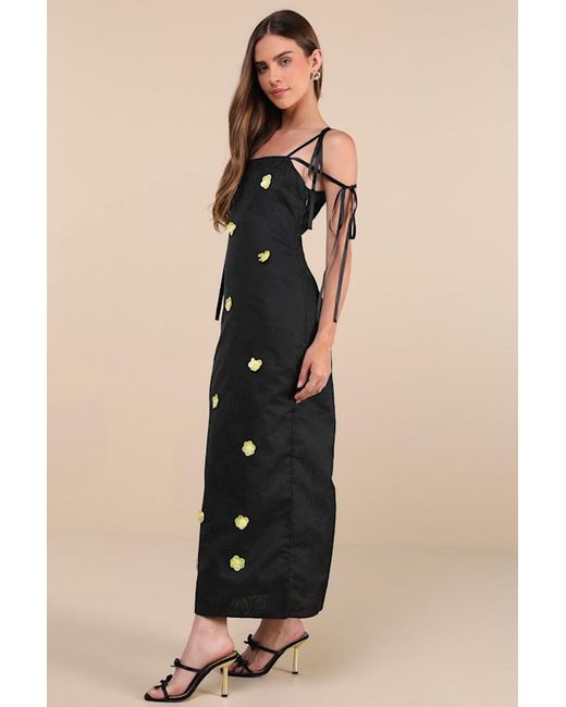 Sister Jane Black Fanciful Flower Jacquard Flower Tie-Strap Midi Dress