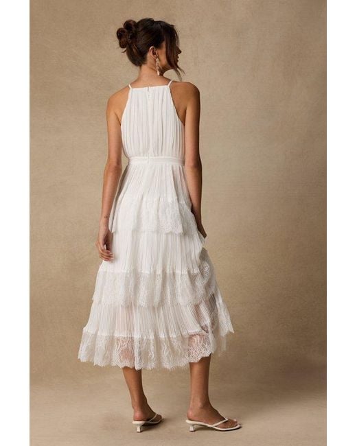 Lulus Natural Came For Cocktails Pleated Tiered Lace Maxi Dress