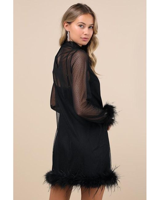 Lulus Black Immaculate Charisma Mesh Feather Long Sleeve Mini Dress
