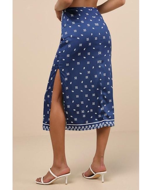Lulus Blue Calypso Banadana Print Satin Midi Skirt