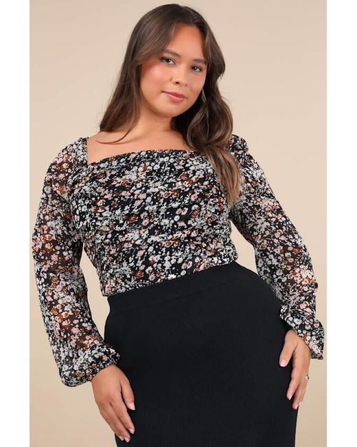 Lulus Black Mood Setter Floral Print Ruched Long Sleeve Top